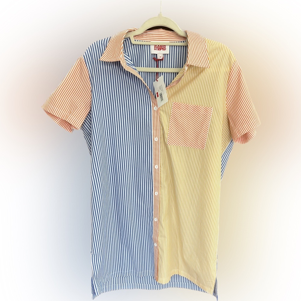 SOLID & STRIPED NWT Cabana Mini Shirt Dress Medium Blue Orange Yellow Stripe - Picture 10 of 10